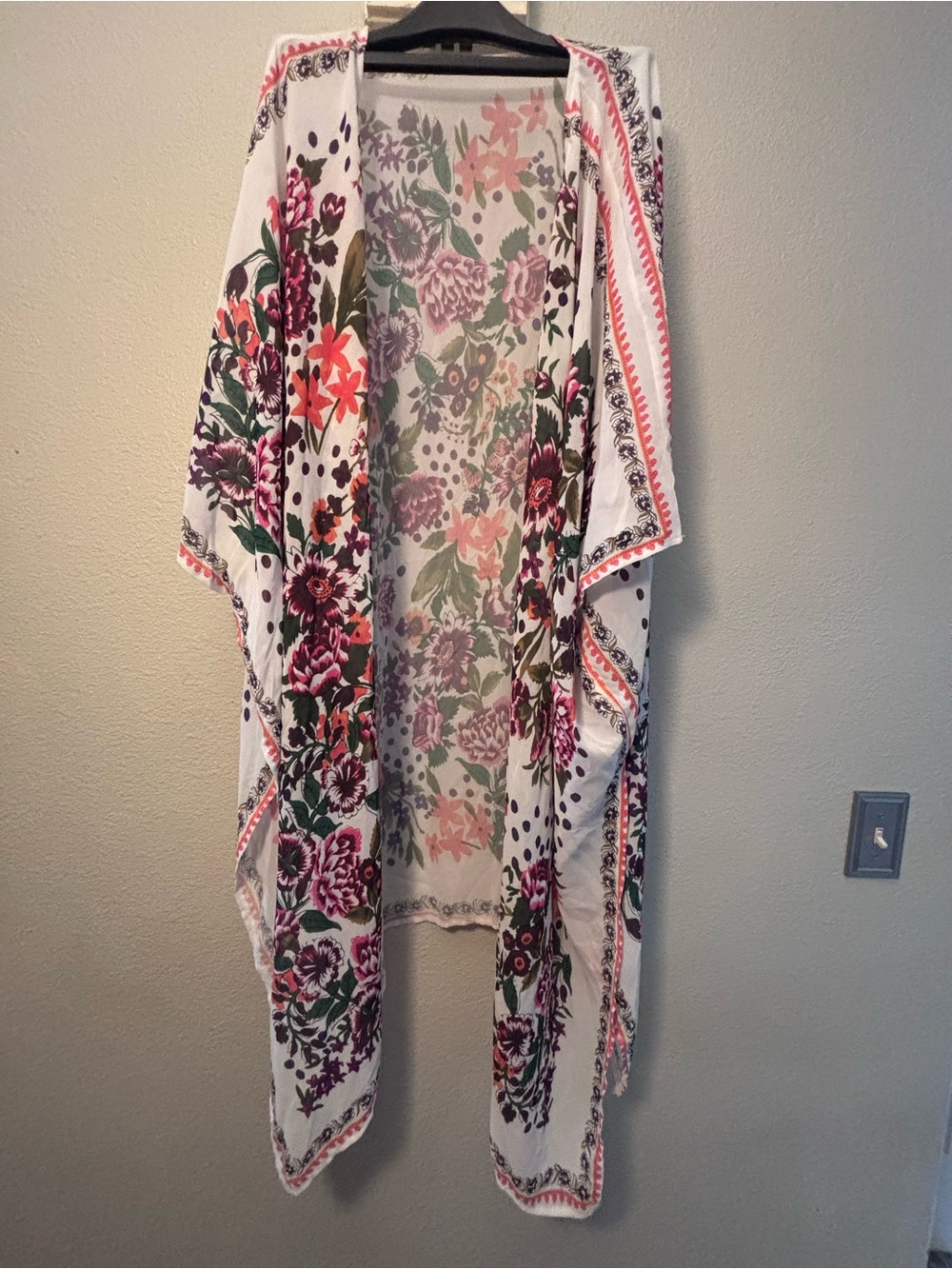 Floral Open-Front Kimono Cover-Up in White, Pink & Green